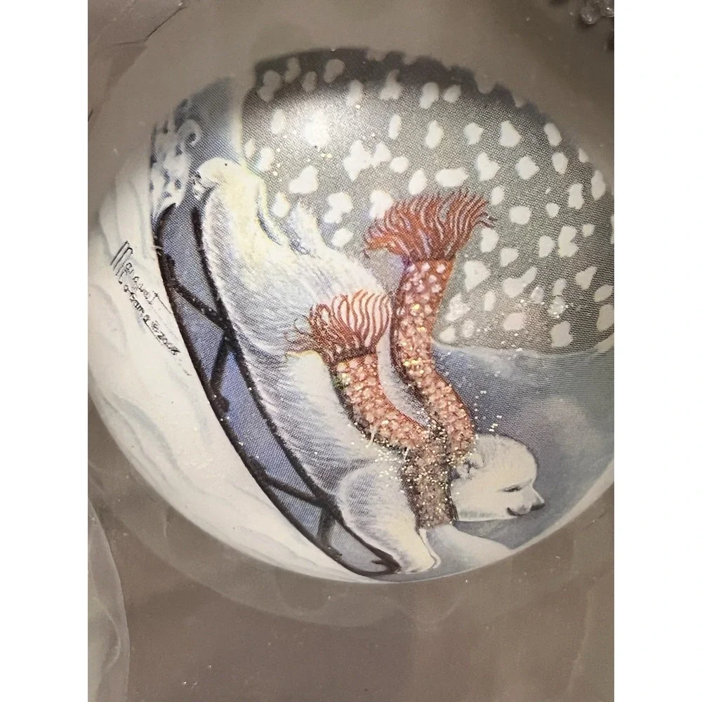 TWO Sets of 4 Christmas by Krebs White POLAR BEAR Sledding Glass Ornaments 2.5